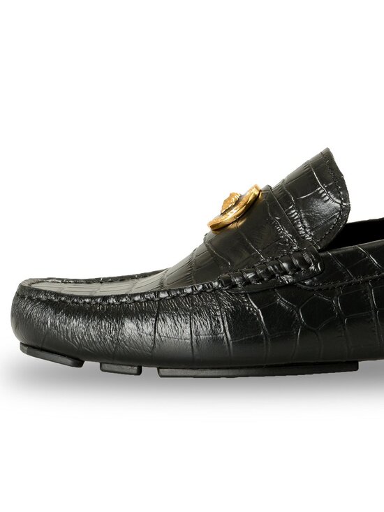 Versace Men\'s Black Leather Croc Print Medusa Driver Loafers Shoes US 7 IT 40